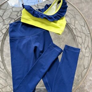 Jo & Jax Navy Blue Leggings and Neon Yellow Ruffle Sports Bra Set